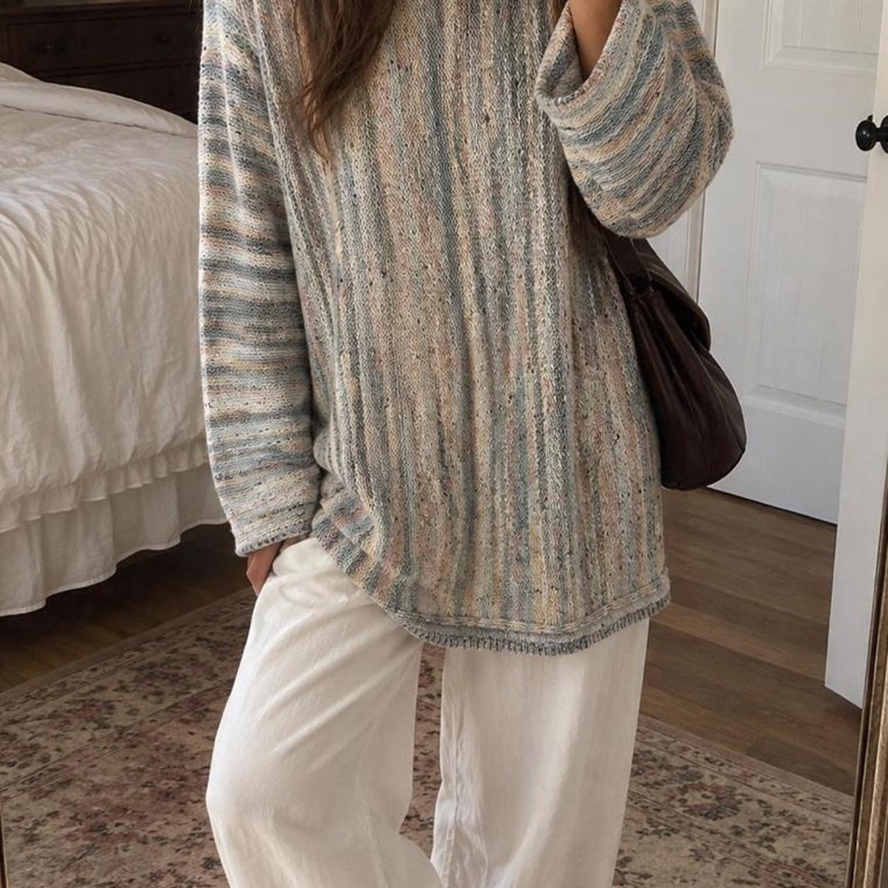 crew neck long sleeve coastal colors boho casual sweater